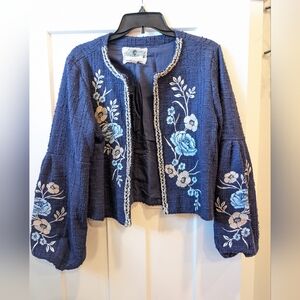 Cupio Navy Jacket with Blue Floral Embroidery